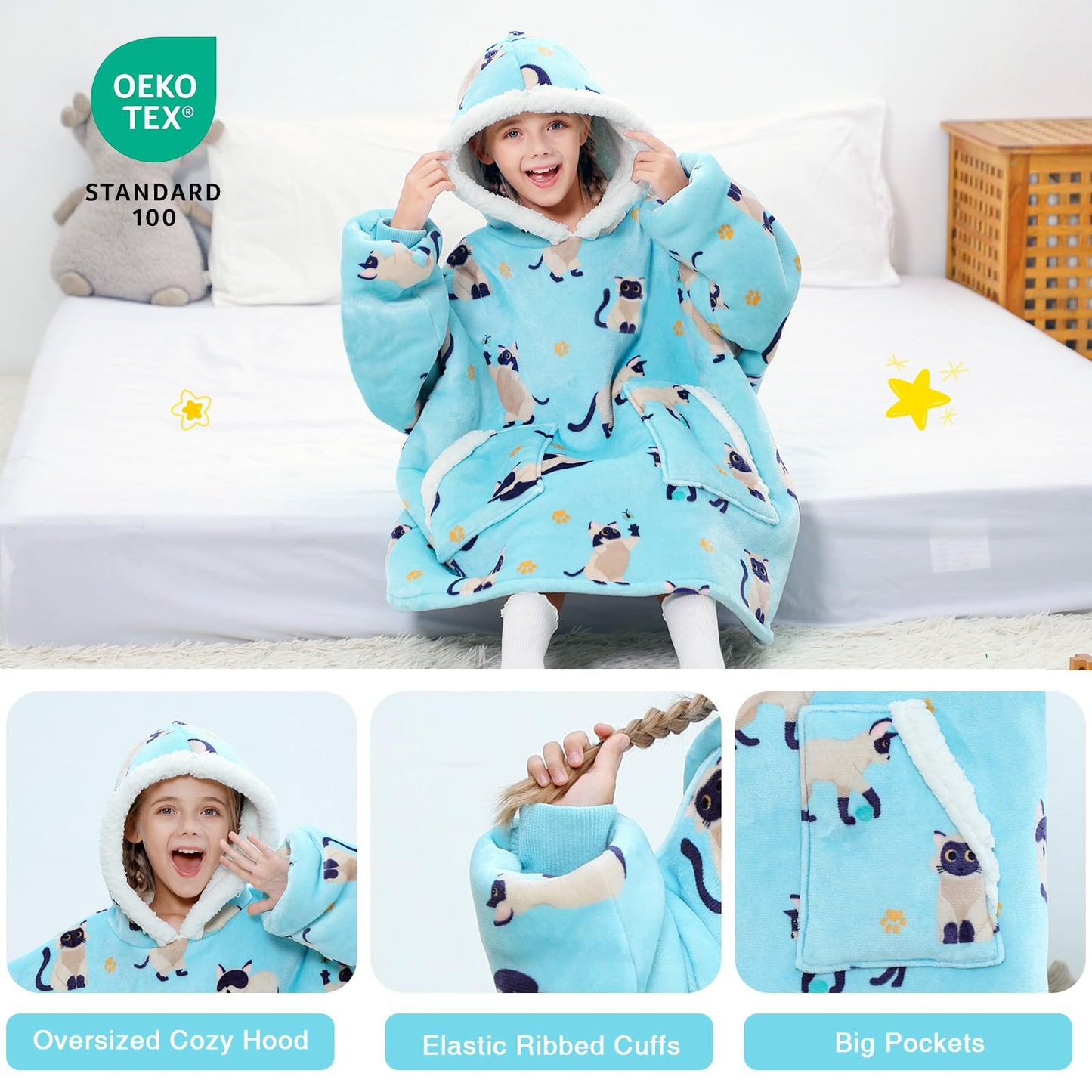 Kipswiza Siamese Cat Wearable Blanket Hoodie for Kids - Oversized Sherpa Fleece Hooded Sweatshirt, Cozy Gift for Girls Boys 6-13 (4'3"-4'11"), Cat Print, Light Blue