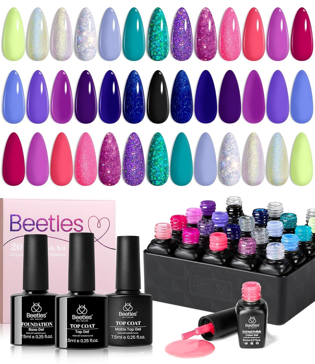 Beetles Cat Eye Gel Polish Set - 24Pcs 20 Colors Glitter Dark Color Changing Gel Nail Polish Kit with Base Gel Glossy Matte Top Coat Soak off UV DIY Nail Art Salon Ombre Black Nails Gift