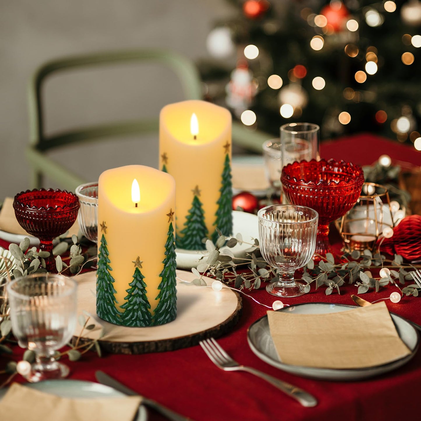 Eldnacele Christmas Flameless Candles with 6 Hour Timer Battery Operated Hand Painted Christmas Tree Real Wax 3D Wick Flickeirng LED Pillar Candle for Dinner Indoor Holiday Xmas Decor(2Pcs,D3×H5.7)