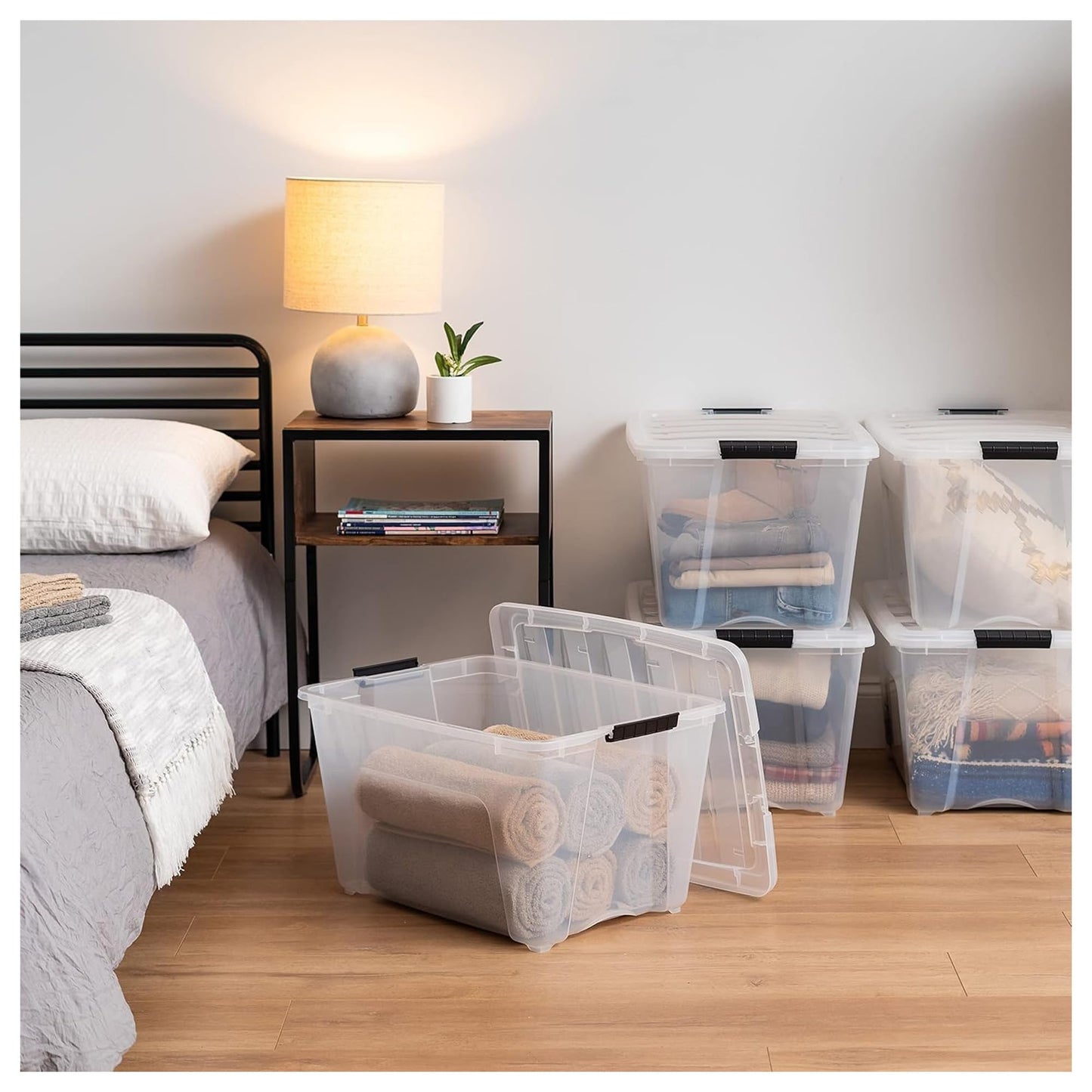 IRIS USA 54 Qt Stackable Plastic Storage Bins with Lids, 6 Pack - BPA-Free, Made in USA - See-Through Organizing Solution, Latches, Durable Nestable Containers, Secure Pull Handle - Clear