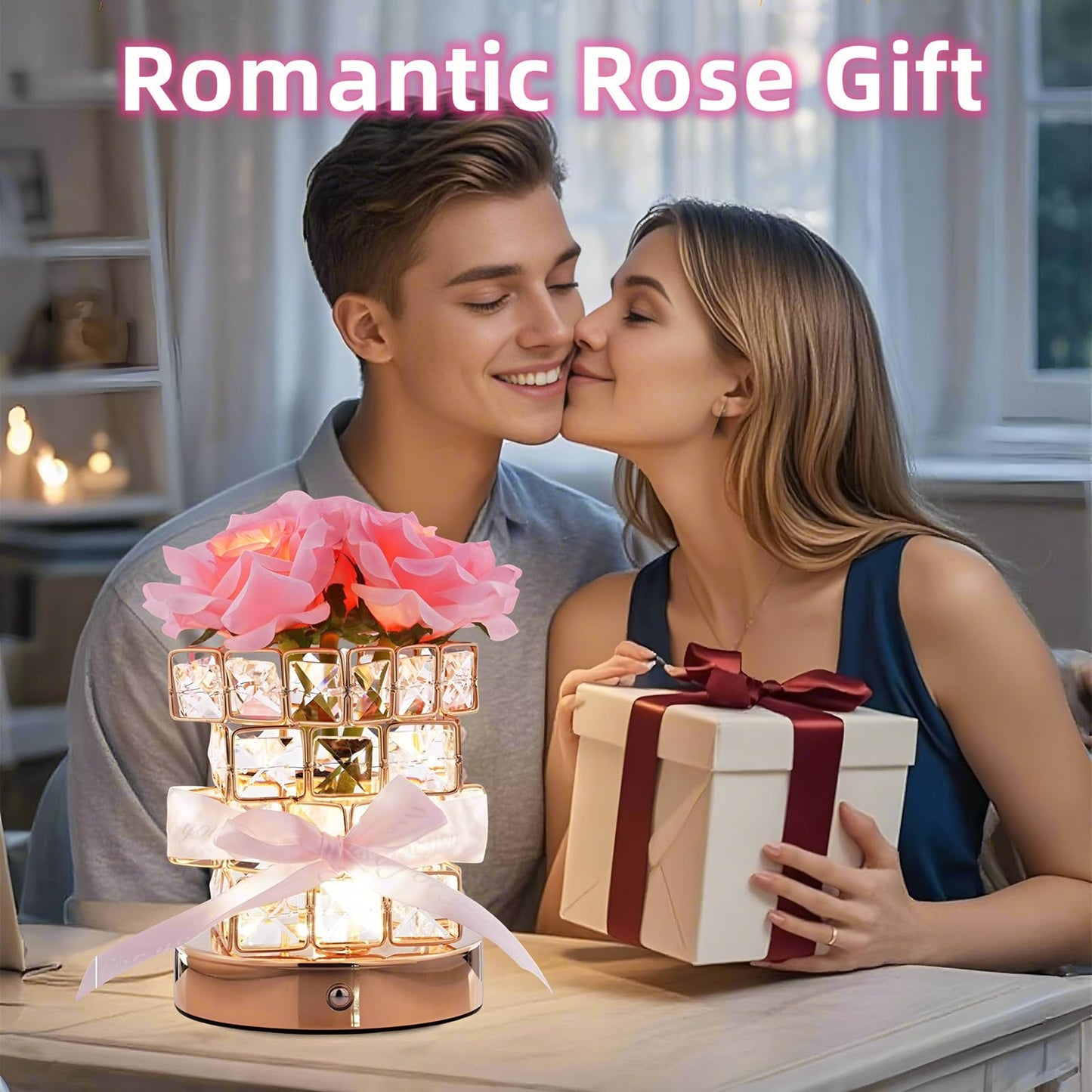 Rose Flower Lamp,Rose Gifts for Women Mother,Rechargeable Cordless Touch Small Flowers Night Light,3-Colour Stepless Dimming Crystal Bedside Lamps,Birthday Gifts for Mom Wife Girlfriend Home Decor