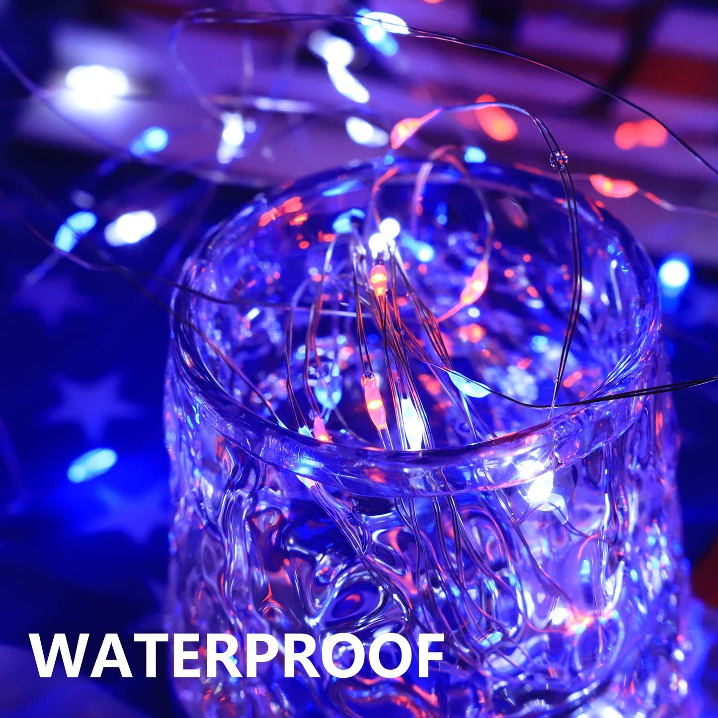 4th of July Decorations Fairy Lights Patriotic, 2 Pack 100LED Copper String Lights Outdoor Twinkle Lights for Fourth of July, Christmas, Memorial Day, Independence Day Decor- Red White Blue