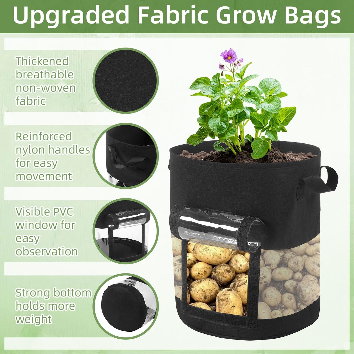 6 Pack 10 Gallon Visible Potato Grow Bags, Thickened Nonwoven Fabric Pots Potato Growing Containers with Handles & Visible Flap, Plant Grow Bags for Growing Potatoes, Tomatoes, Flowers, and Vegetables