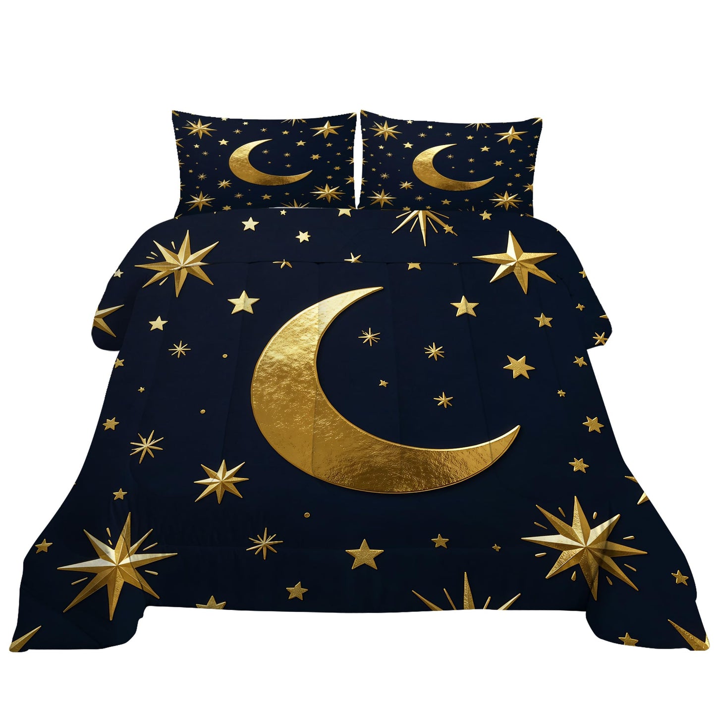 VTKON Gold Moon and Stars Bedding Set, Luxury Celestial Night Sky Comforter Set, Gold Starry Print Bed Set for Girls Bedroom Decor (Queen Size 3Pcs with 2 Pillow Cases)