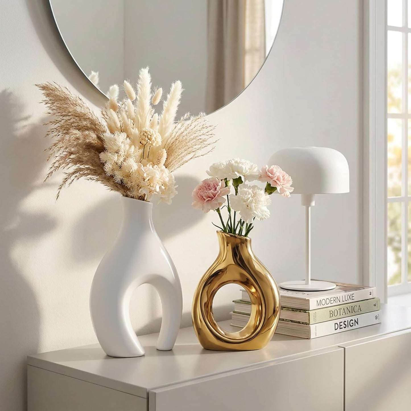 TZIZO Gold Vases Set of 2, Ceramic Flower Vase for Home Decor
