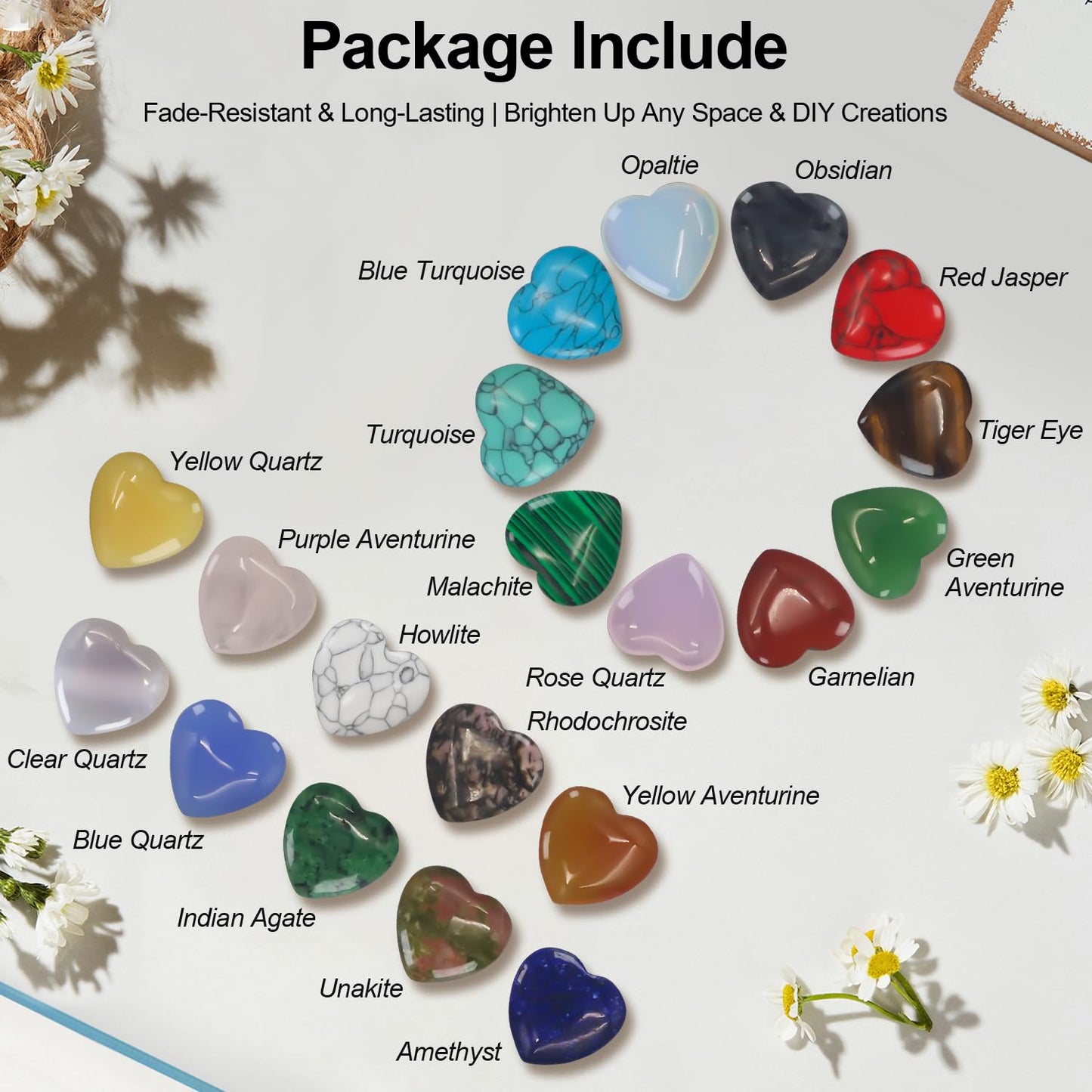 Rose Quartz Crystals,Virekm 20PCS Heart Healing Crystals Amethyst Heart Love Stones Set Palm Thumb Gemstones Chakra Reiki Balancing Gifts for Men Women (Colorful - 20 PCS)