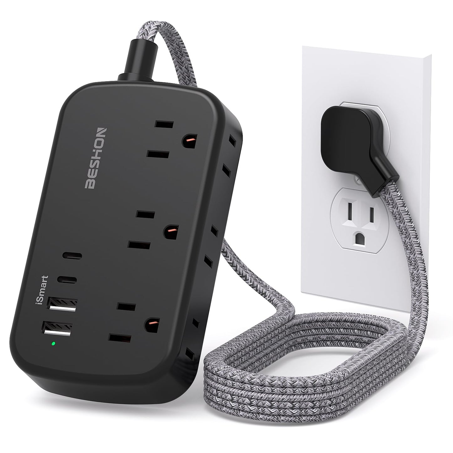 Flat Extension Cord, BESHON 5FT Flat Plug Power Strip with USB C, 6 Outlets 4 USB Port(2 USB C), No Surge Protector, Cruise Ship, Dorm Room Travel Essentials
