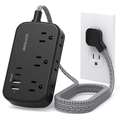 Flat Extension Cord, BESHON 5FT Flat Plug Power Strip with USB C, 6 Outlets 4 USB Port(2 USB C), No Surge Protector, Cruise Ship, Dorm Room Travel Essentials