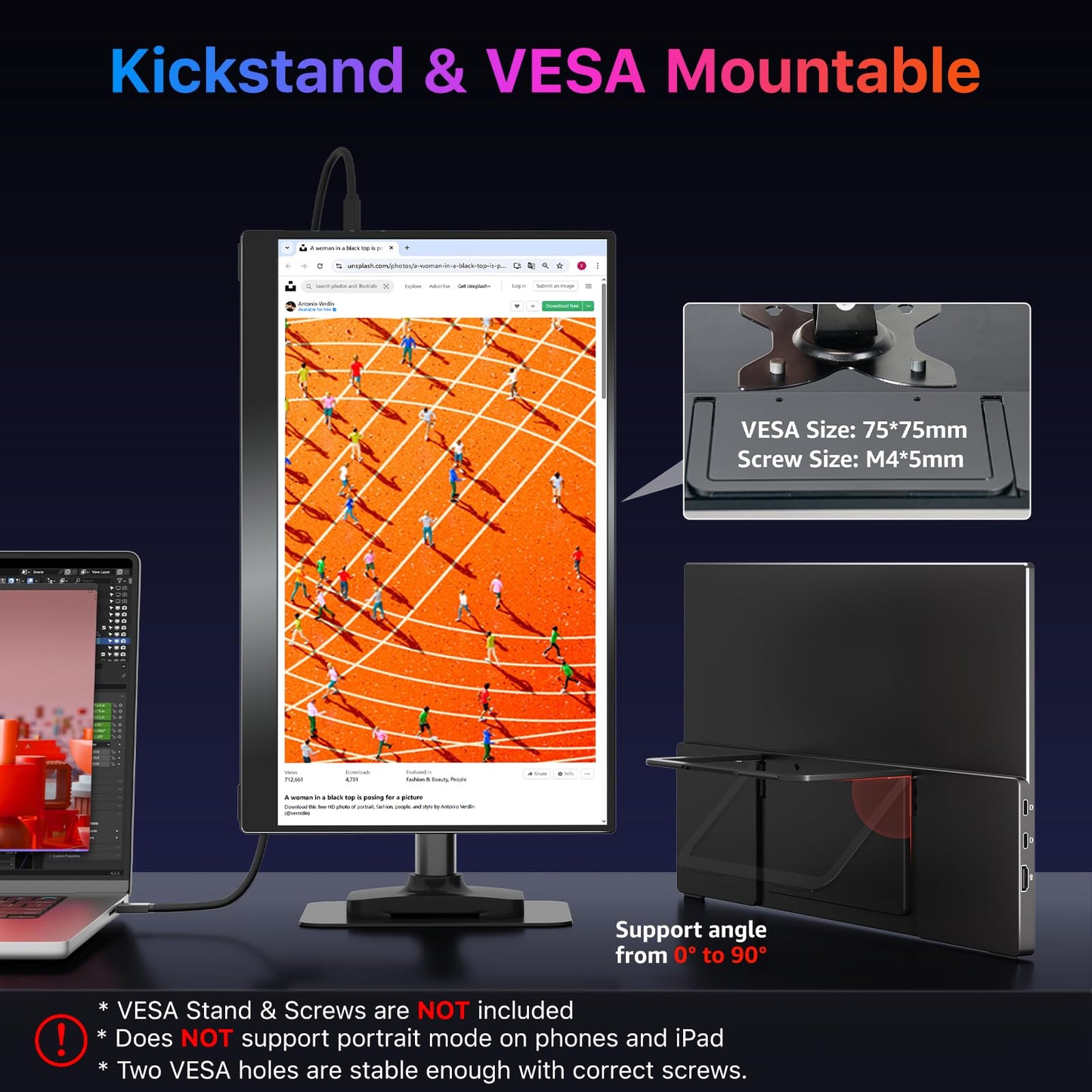 Portable Monitor 18.5 inch 1080P FHD 128% sRGB 100Hz, Travel Monitor for Laptop MacBook Surface PC Xbox PS5, HDMI Dual USB-C VESA Compatible Built-in Speaker, with Kickstand