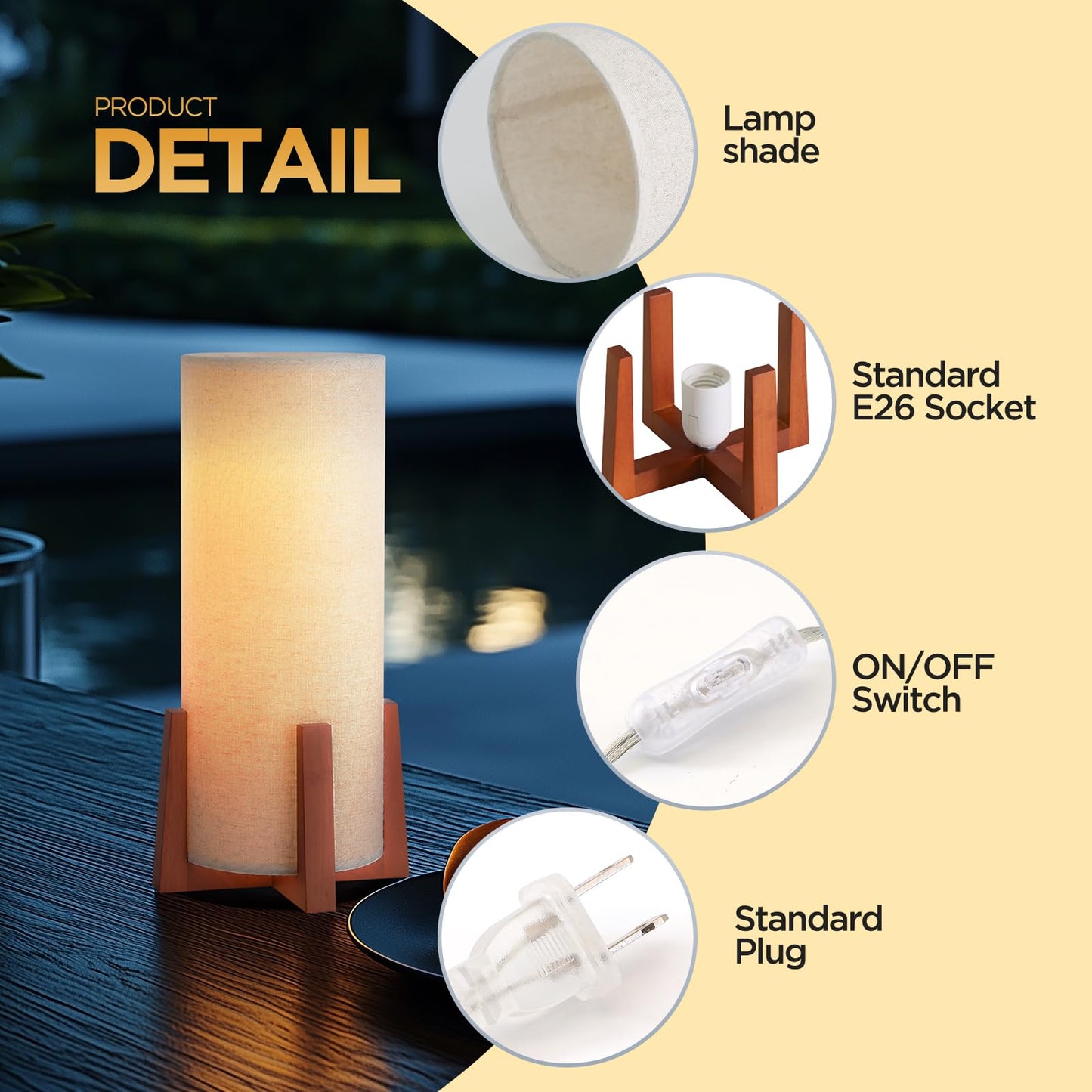Fengarolam Modern Small Table Lamps, Nightstand Lamp with Linen Fabric Shade, 13.97" Cylinder Wood Base Bedside Table Lamp for Bedroom Office Living Room Home Decor