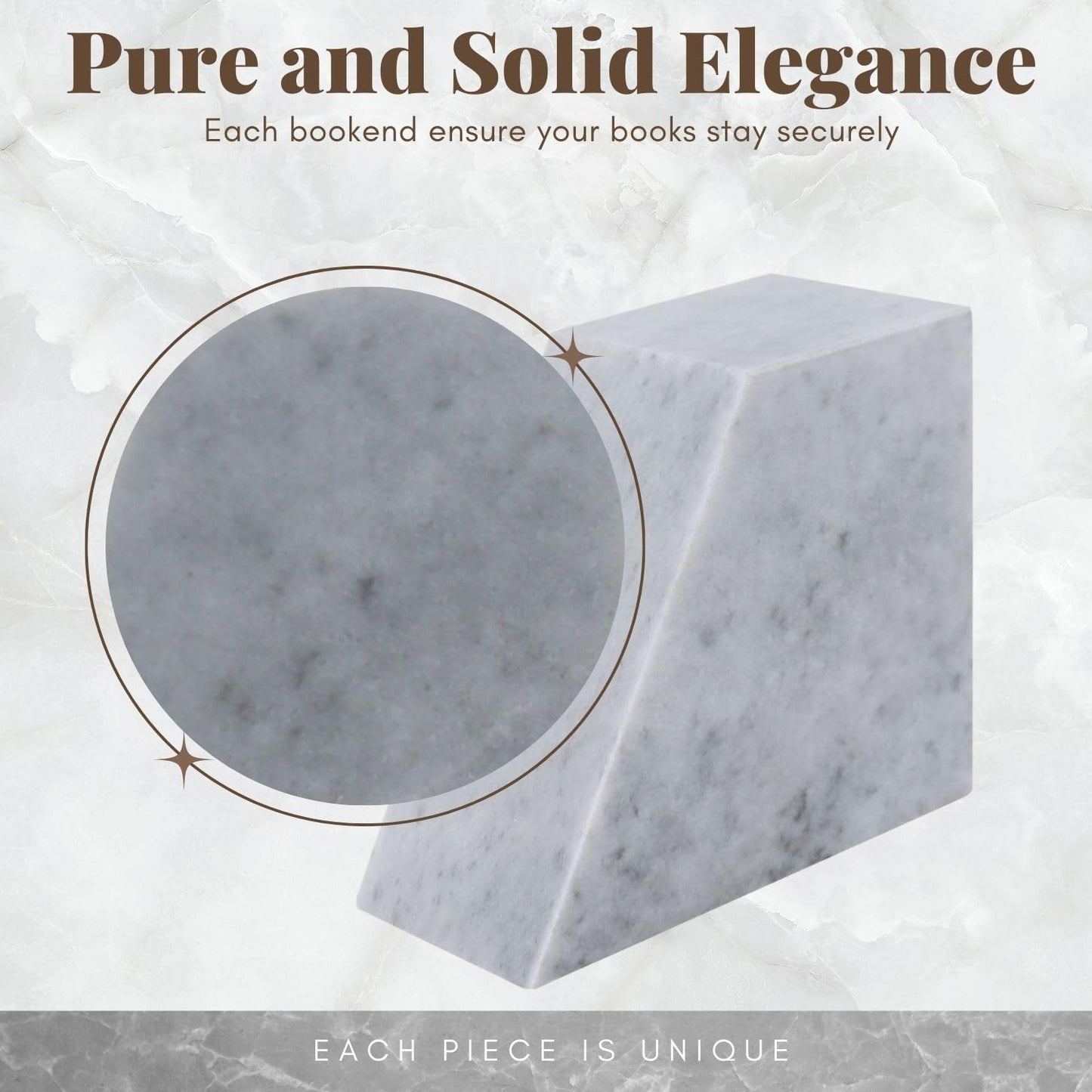 Flexzion Book Ends for Heavy Books - White Marble Bookends Decorative for Shelves, Weighted Modern Stone Marble Bookends Stopper with Non-Skid Bottom for Desk, Shelves, Kitchen and Office (Set of 2)
