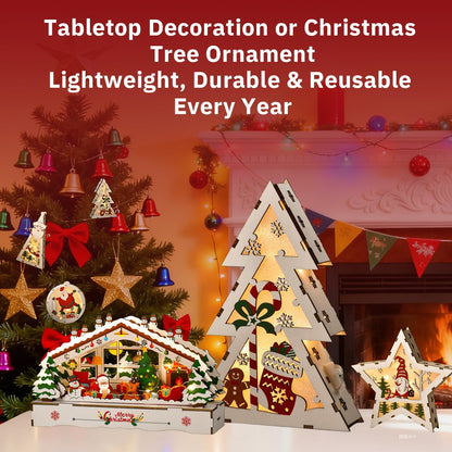 Wooden Christmas Ornaments DIY 3D Puzzle Kit, Pre-Printed Christmas Decoration Craft Kits, Hanging & Tabletop Xmas Creative Craft Activity (Star, Xmas Tree, House & Round Shapes)