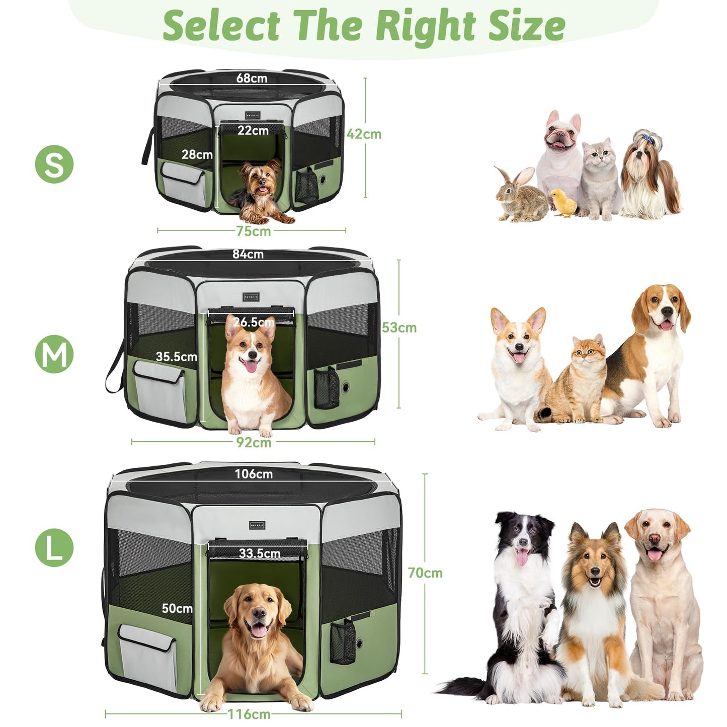 PETSFIT Cat Pen, Anti-Leakage Bottom, Foldable, Collapsible Puppy Playpen, Chewproof Design, Dog Playpen Indoor, 91 × 84 × 53 cm, Green