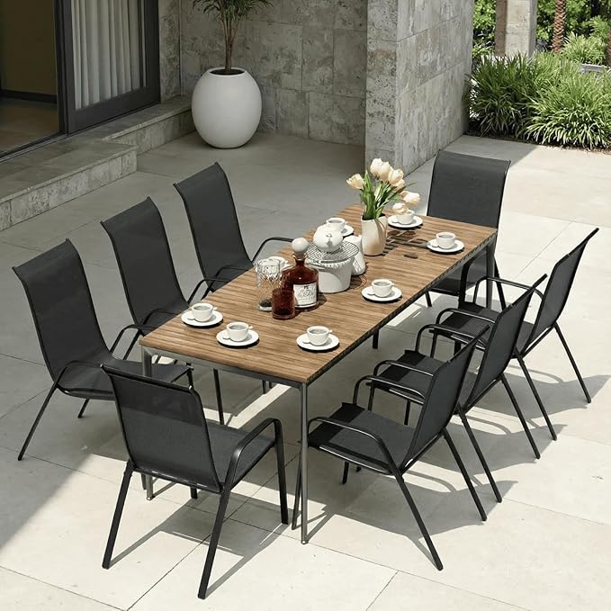 MAMIZO Patio Dining Chairs, Stackable All Weather Teslin Chair, Heavy Duty Outdoor Breathable Chairs Set, w/Armrests, Upgraded Chair FeetW/Strenthened Iron Spacers, 330 LBS (8, Black)