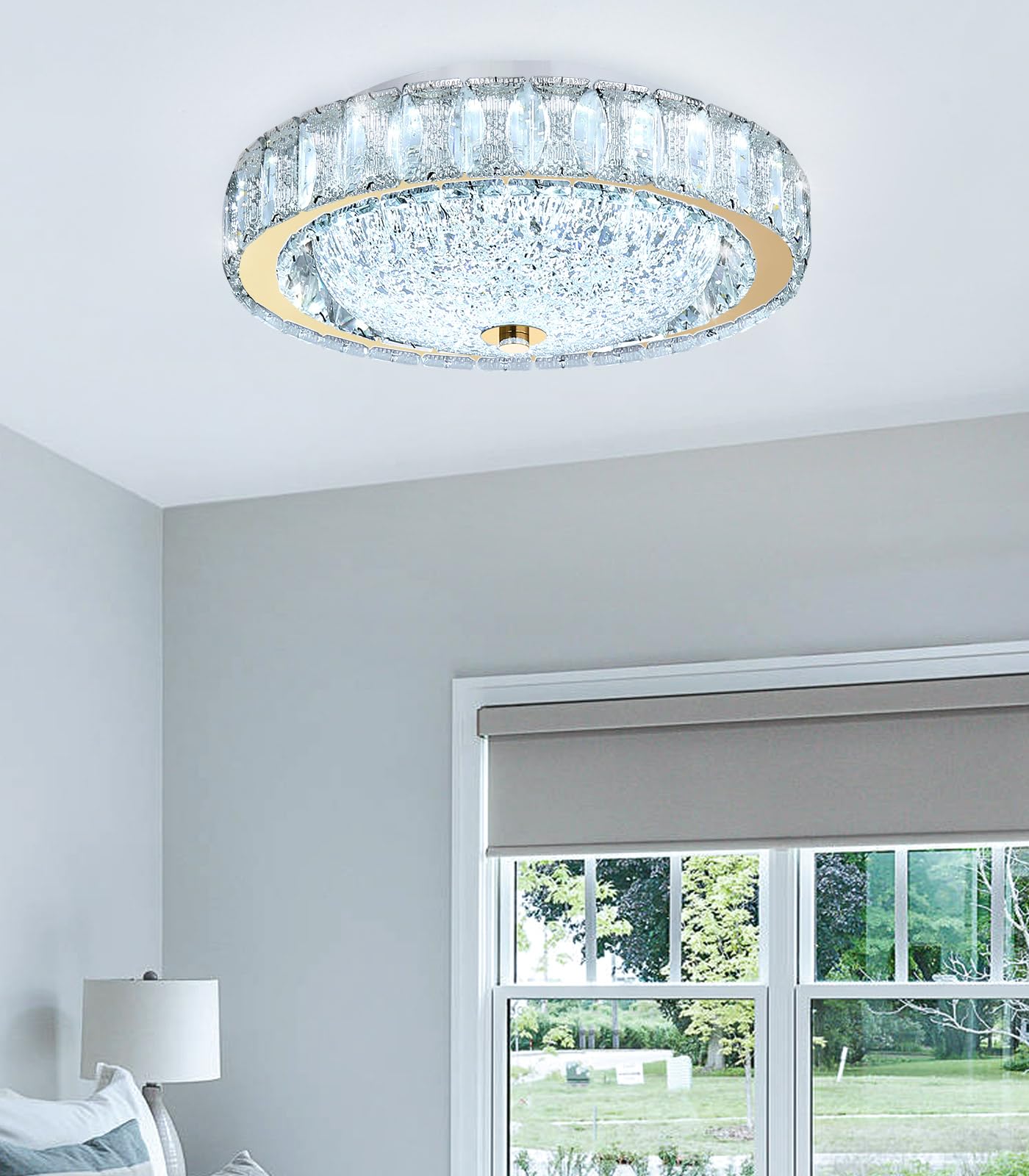 AFQEJG 11.8" Modern Mini Crystal Chandelier Dimmable LED Flush Mount Ceiling Light with Remote Control for Bedroom Hallway Dining Room Gold
