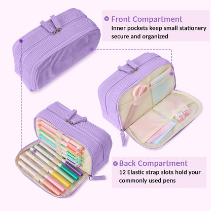 Sooez Big Capacity Pencil Case Pen Pouch, Soft Corduroy Pencil Bag with 3 Compartment, Multiple Pockets, Sturdy Zipper, Cute School Supplies Pen Bag Organizer For Teen Girls College, Beige