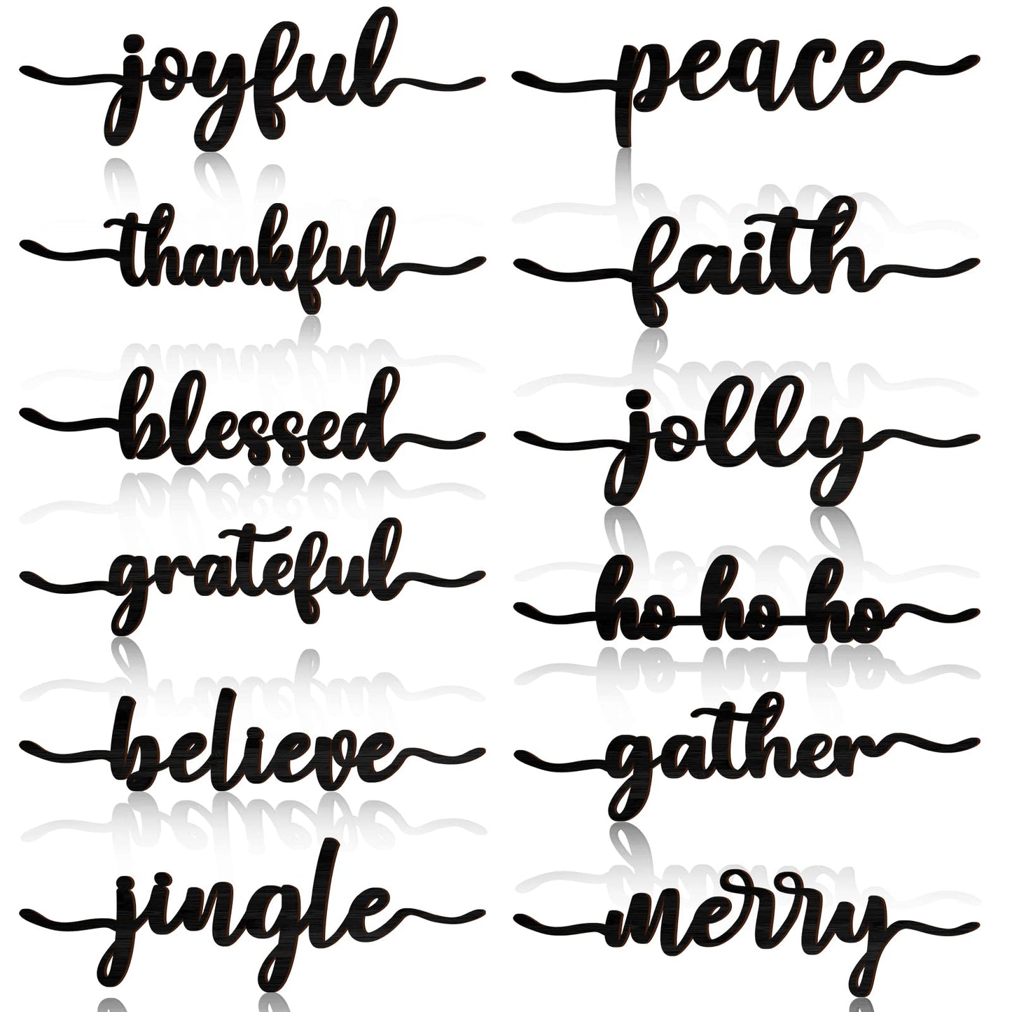 12 Pieces Christmas Word Wood Cutout Joyful Merry Thankful Grateful Blessed Peace Gather Word Sign Christmas Plate Cutout Rustic Merry Signs for Home Table Plate Decoration