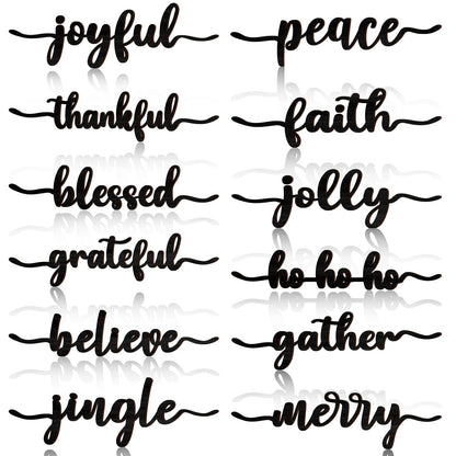 12 Pieces Christmas Word Wood Cutout Joyful Merry Thankful Grateful Blessed Peace Gather Word Sign Christmas Plate Cutout Rustic Merry Signs for Home Table Plate Decoration