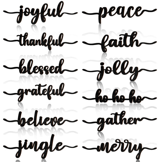12 Pieces Christmas Word Wood Cutout Joyful Merry Thankful Grateful Blessed Peace Gather Word Sign Christmas Plate Cutout Rustic Merry Signs for Home Table Plate Decoration