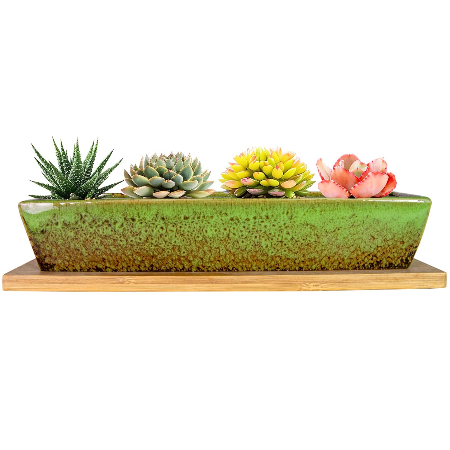 ARTKETTY Succulent Pots, 9.8 Inch Ceramic Succulent Planters with Drainage Small Bonsai Pot with Bamboo Tray, Mini Cactus Flower Planter Pot Shallow Rectangular Window Planters for Indoor Plants