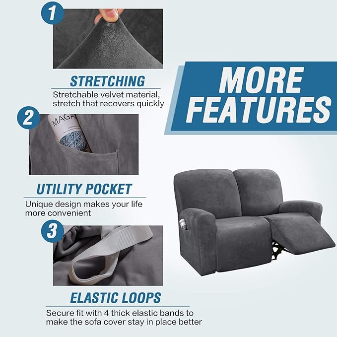 H.VERSAILTEX Velvet Stretch Recliner Couch Covers 6-Pieces Recliner Loveseat
