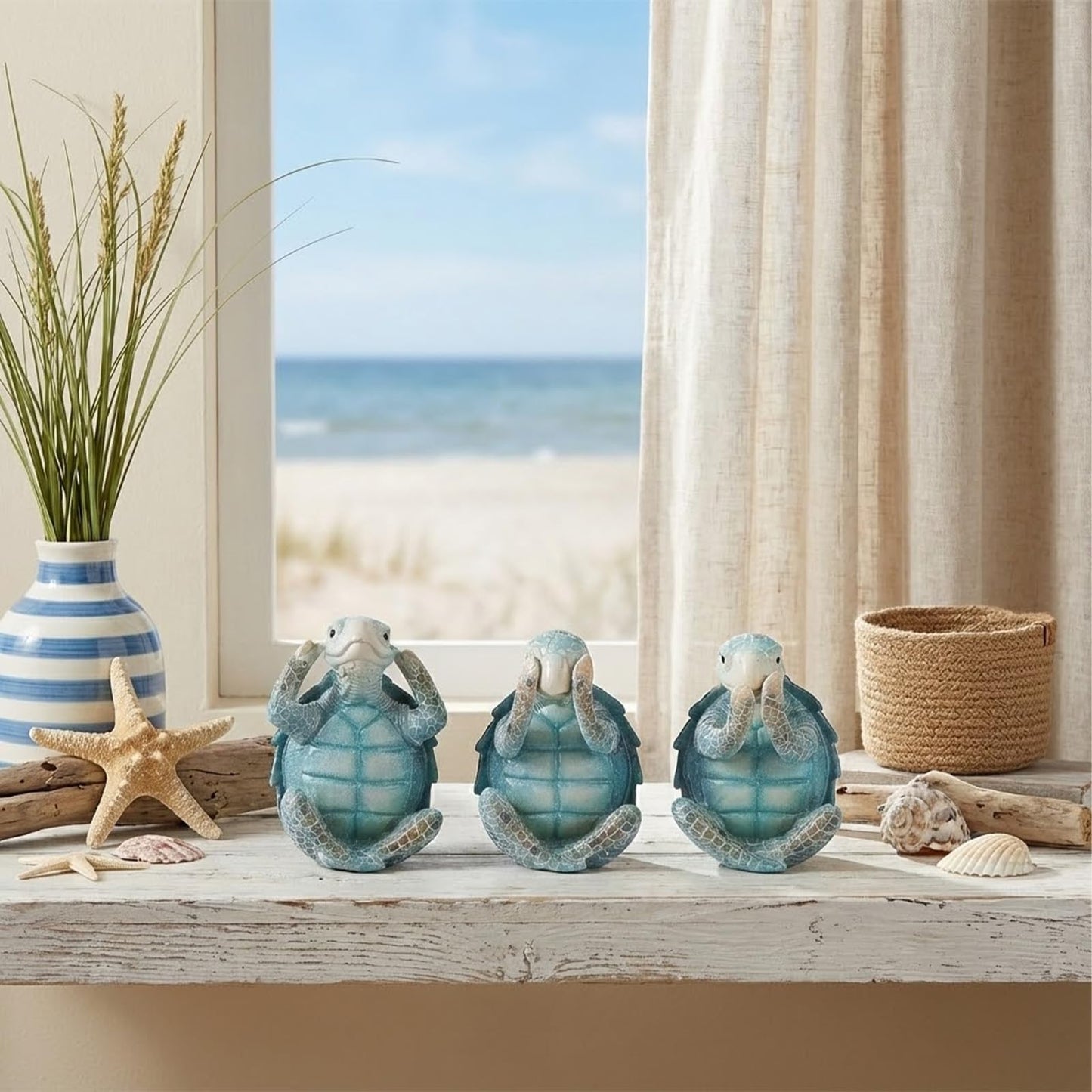 Turtle Sculpture 3-Piece Set Coastal Home Decor Turtle sculptures are perfect for bathrooms, offices, bookshelves, display shelves, coffee tables, or beach-themed decor in any room of your home.