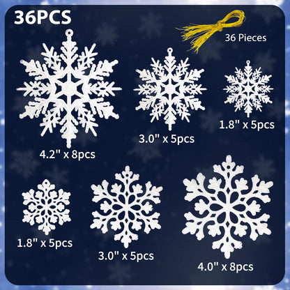 36 Pack White Snowflake Ornaments Plastic Glitter Snow Flakes Ornaments for Winter Christmas Tree Decorations Size Varies Craft Snowflakes