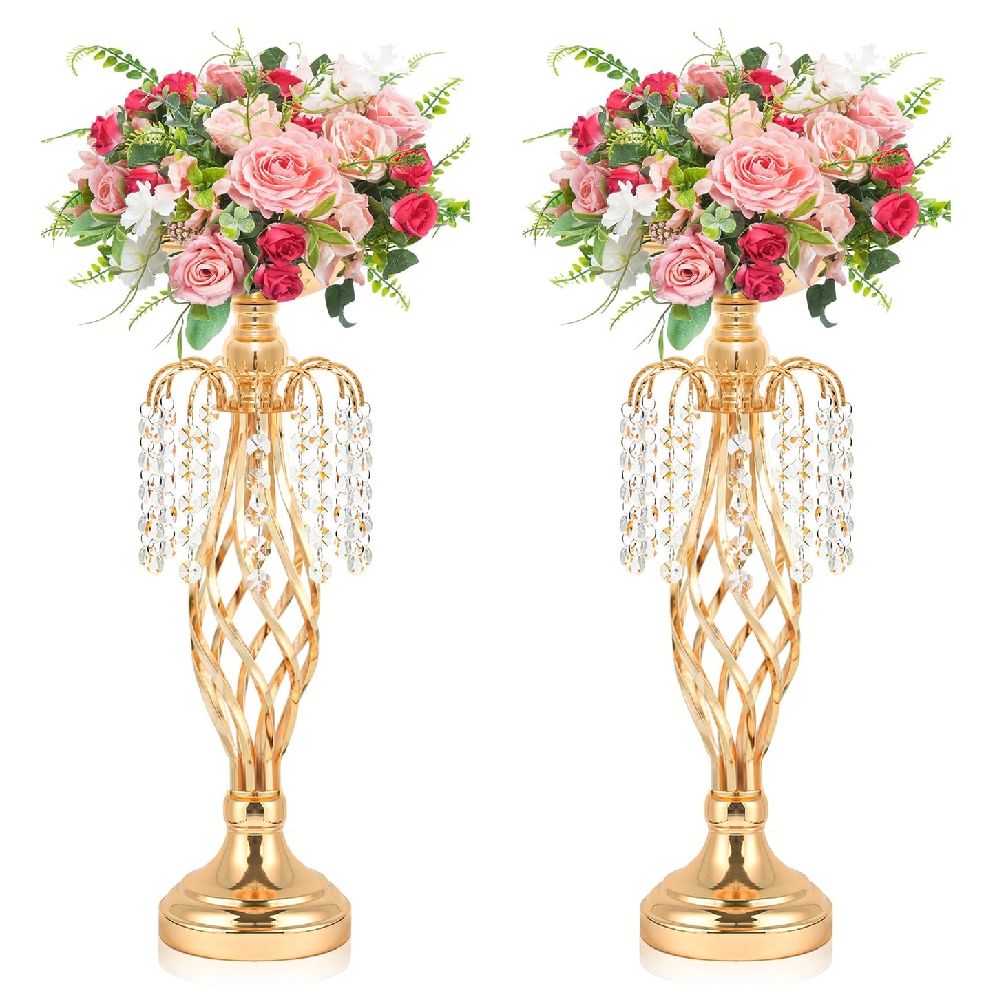 Kolnlala Gold Metal Crystal Pendant Flower Stand Set, 17.9 Inch Elegant Tall Vases Wedding Centerpieces with Crystal Pendants for Wedding Banquet, Party, Event, Anniversary, Home Decor (Gold, 2 Pcs)