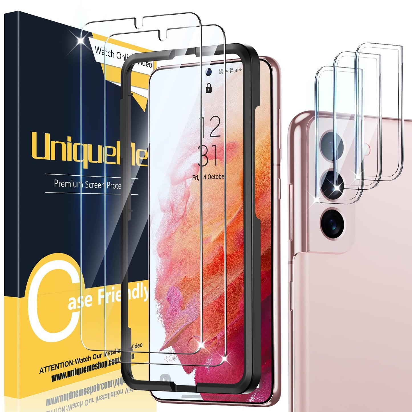 UniqueMe [2+3 Pack Compatible with Samsung Galaxy S21 5G - 6.2 inch Tempered Glass + Camera Lens Protector Screen Protector with Easy Installation Frame[9H Hardness]