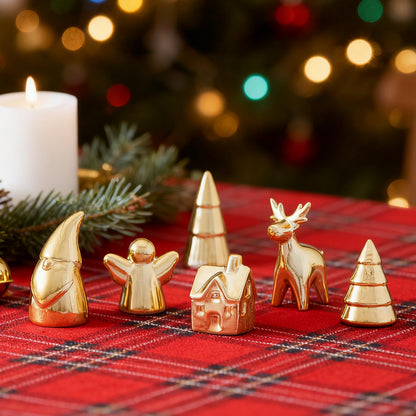 WDS WONDROUS Mini Christmas Figurines Set, 6 Pcs Miniature Christmas Village Houses Set with House, Reindeer, Trees, Angel, Santa - Mini Xmas Figurines Decor for Tiered Tray, Mantel, Centerpiece