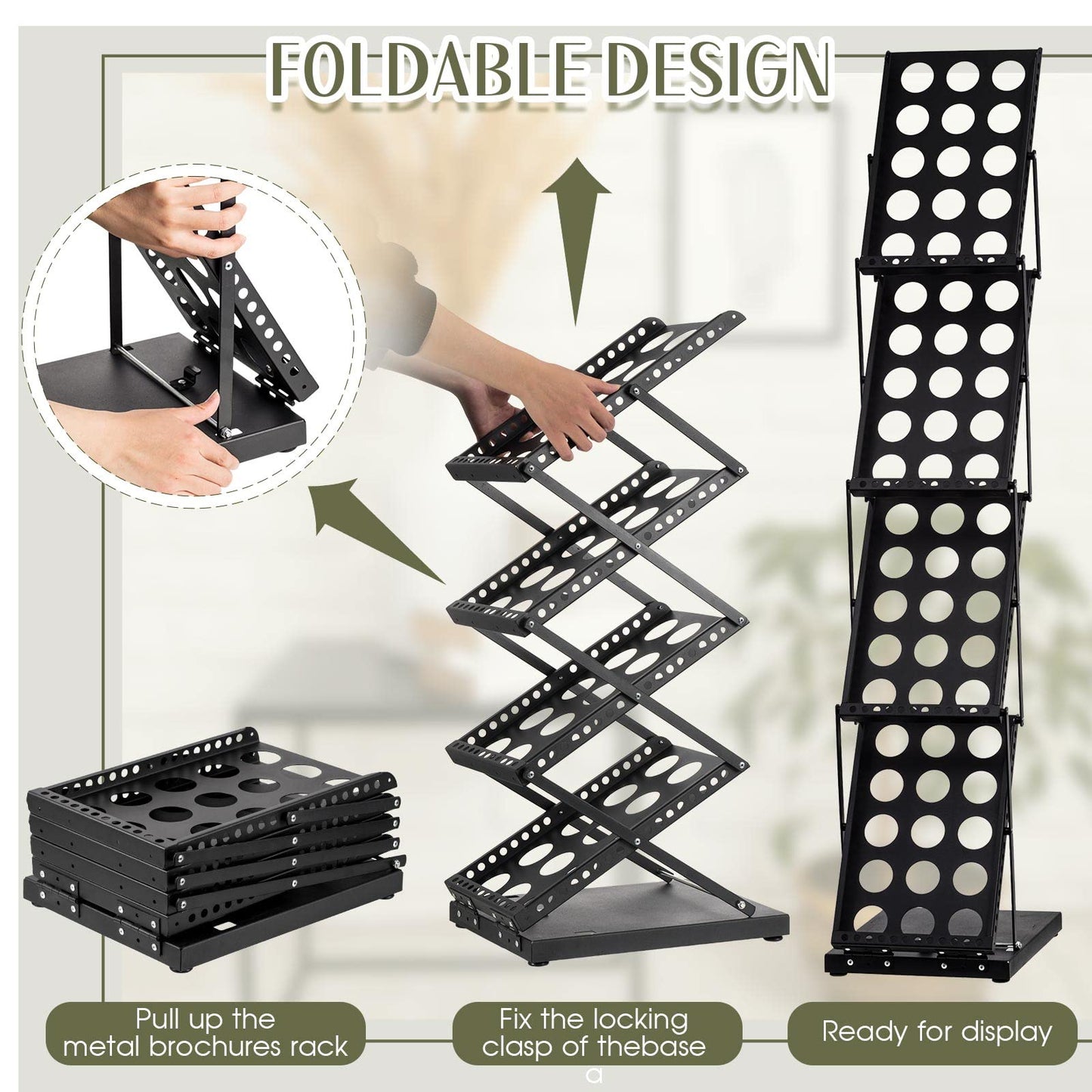 Tatuo 4 Pieces Foldable Magazine Rack Metal Catalog Literature Rack Portable 4 Pockets with Carrying Bag Brochure Stand Literature Display Holder Stand for Exhibition Trade Show