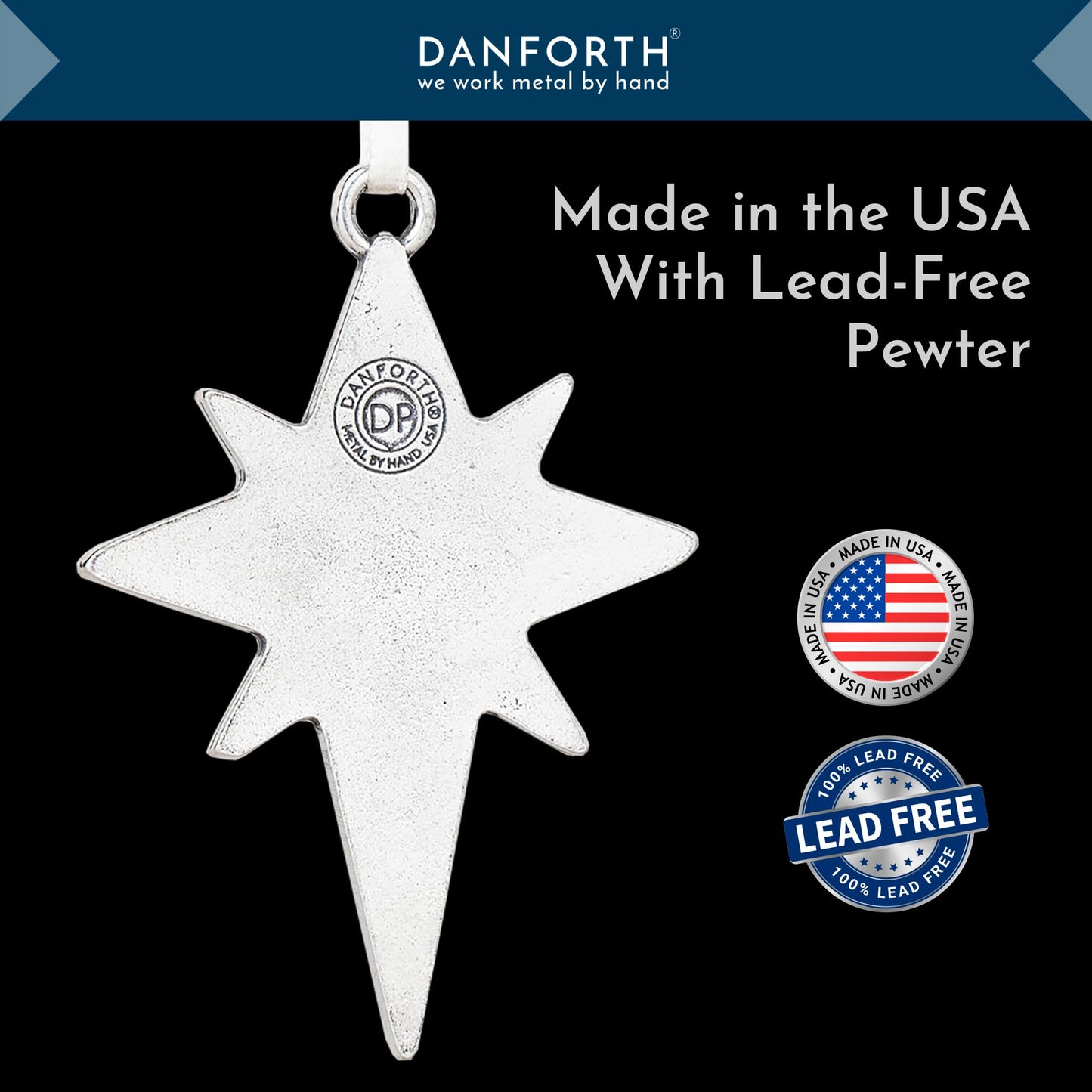 Danforth Star of Bethlehem Pewter Christmas Ornament, Bright, Sparkling Christmas Tree Decoration, Christian, Handmade in USA, Fine Pewter, 2 ⅜” Tall by 1 7/8” Wide