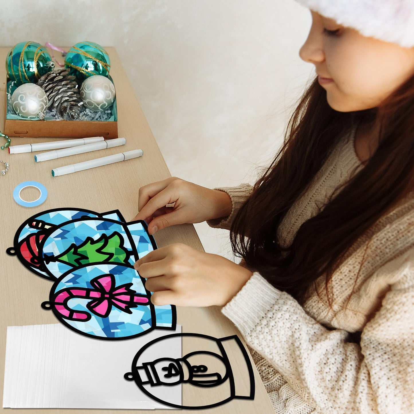 Qyeahkj 36 Set Winter Christmas Suncatchers Craft Kit for DIY Santa Snowman Reindeer Globe Tissue Paper Craft Kit Hanging Decor for Xmas Home Activity Art Project Birthday Party Favor Gift