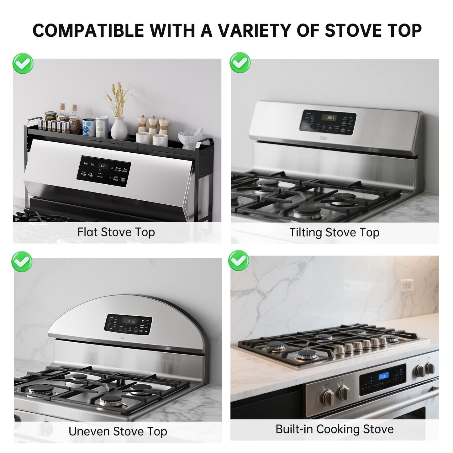Kitchen Spice Rack Over The Stove, Shelf for Back of Stove, Stove Top Shelf for Seasoning Organizer, Over Oven Shelf, Countertop, Expandable Length 27.3''-32.6'', 4 Adjustable Height (Black, Normal)