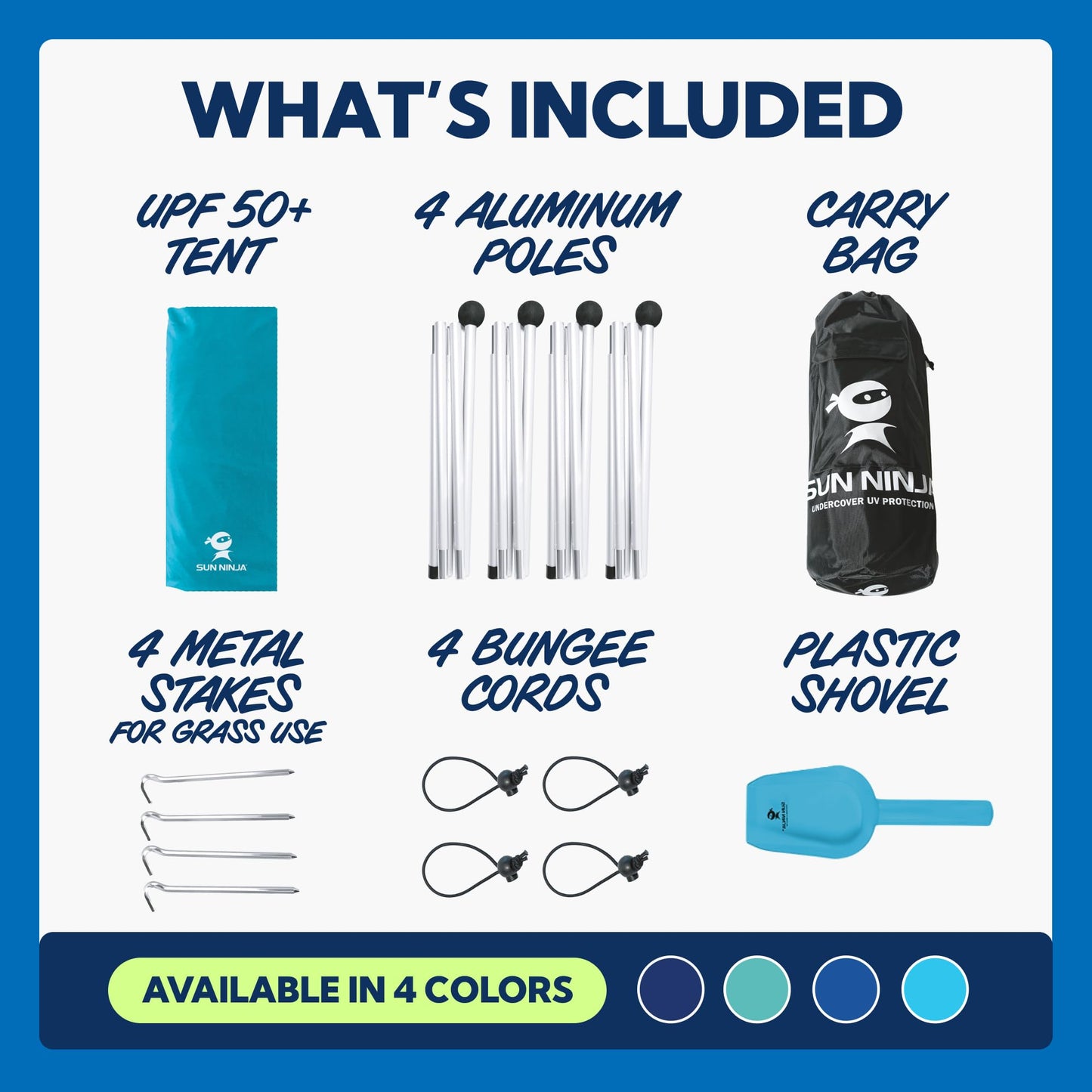 SUN NINJA Beach Tent Sun Shelter UPF50+ - Easy Pop Up Beach Canopy - Outdoor Shade for Camping Trips, Fishing, Backyard Fun Picnics - Sand Shovel, Ground Pegs & Stability Poles