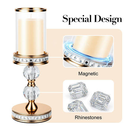 12.4" Tall Hurricane Candle Holder, Pillar Candle Holders with Glass Sleeve with Gift Box, Crystal Candle Stands for Home Warming, Weddiing, Dining Room Decor, Table Centerpiece (2, Gold, M)