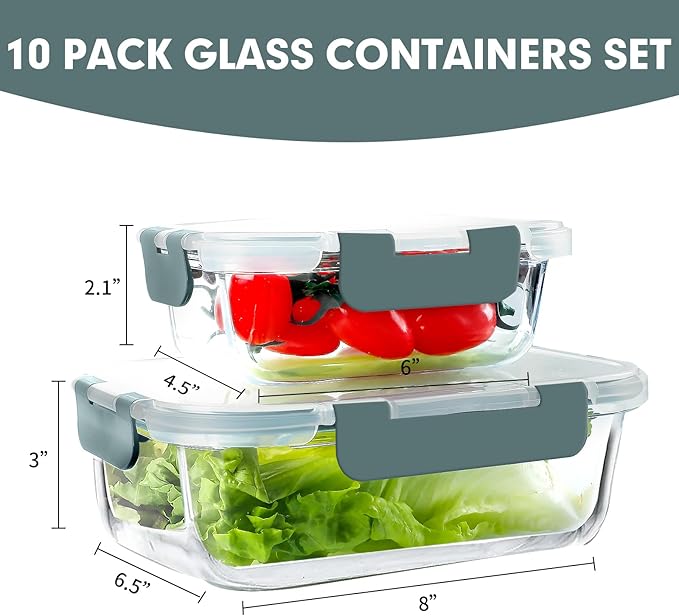 VERONES 10 Pack Glass Meal Prep Containers, Airtight Glass Lunch Containers