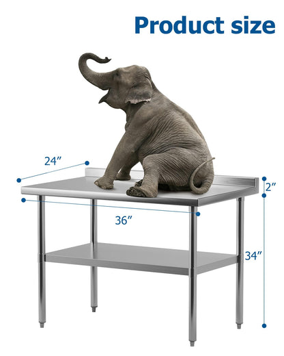EcoExplorer Heavy Duty Stainless Steel Table for Prep and Work, NSF Commercial Table with Adjustable Bottom Shelf for Kitchen, Restaurant, Home, Garage, Hotel, 36 x 24 Inches with Backsplash