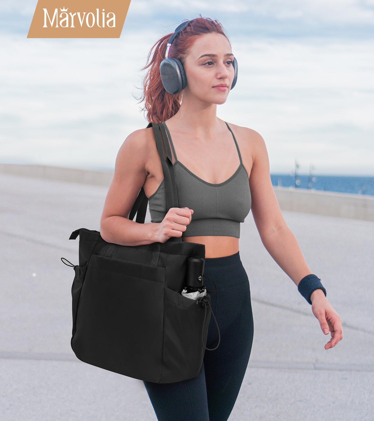 Marvolia Large Tote Bag for Women - Lightweight Travel Tote Handbags Work Tote Bags with Zipper for Gym Travel Work Shopping - Black