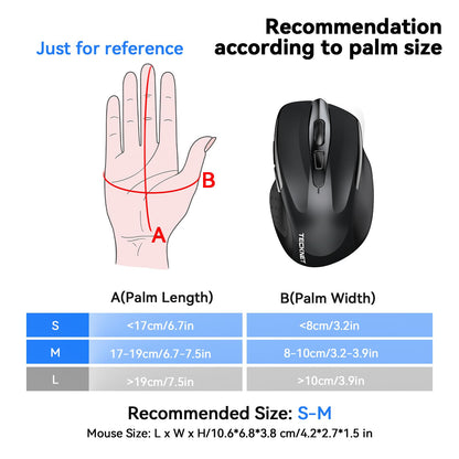 TECKNET Wireless Mouse (BT5.0/3.0 & 2.4G) Rechargeable 4800 DPI Silent USB A & Bluetooth Mouse 6 Buttons, Wide Compatibility - Grey