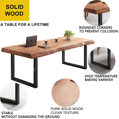 quanzhoulong Stylish Solid Wood Office Desk with Sturdy Metal Base - Durable Multi-Size Executive Computer & Dining Table - Perfect for Home Office & Work Environments (Brown, 55.12in)