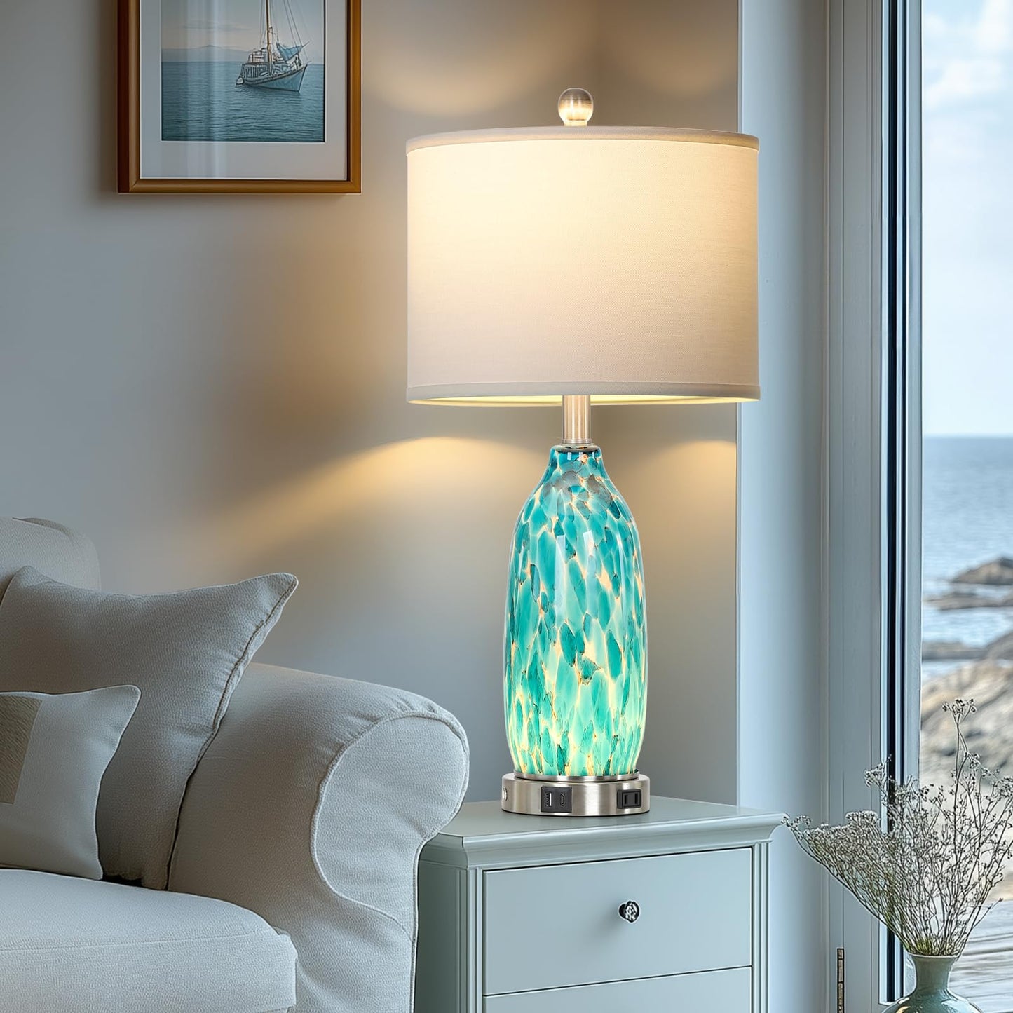 Rinweey 26" Peacock Green Glass Table Lamps Set of 2,Coastal Nautical Bedside Lamps with USB Ports & AC Outlet,Lamparas Elegantes para Cuarto with Night Light for Bedroom Living Room Decoration
