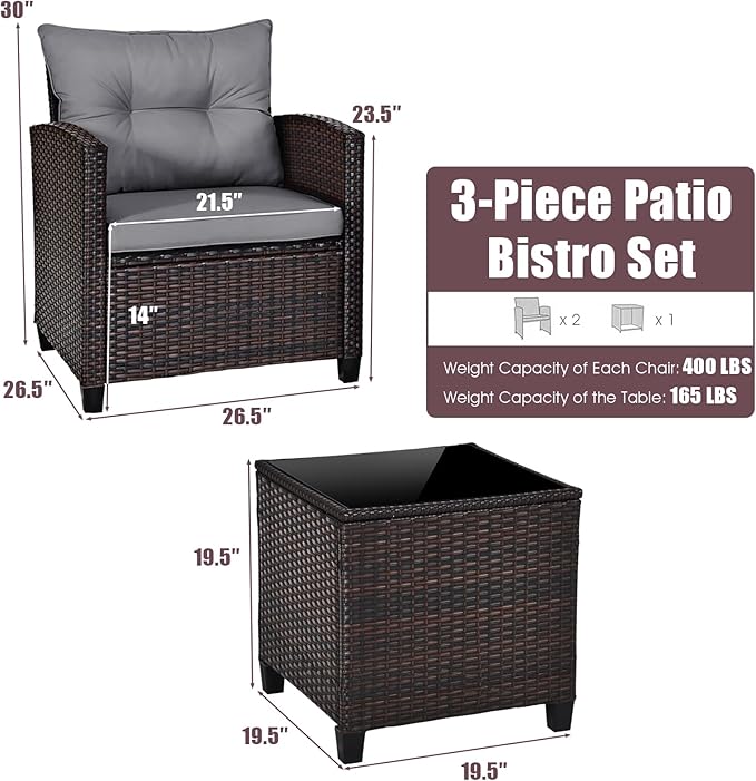 COSTWAY 3PCS Patio Furniture Set, PE Rattan Wicker Sofa w/Washable Cushion and
