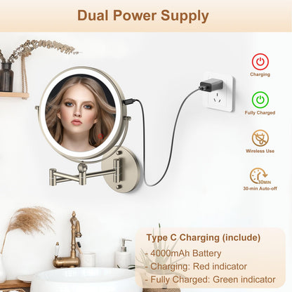 9" Wall Mounted Lighted Makeup Mirror,4000mAh Rechargeable Double Sided 1X/10X Magnifying Mirror with Light,Touch Dimmable,Extended Arm 360 Rotation Wall Mounted Makeup Mirror 3 Color Lights-Black