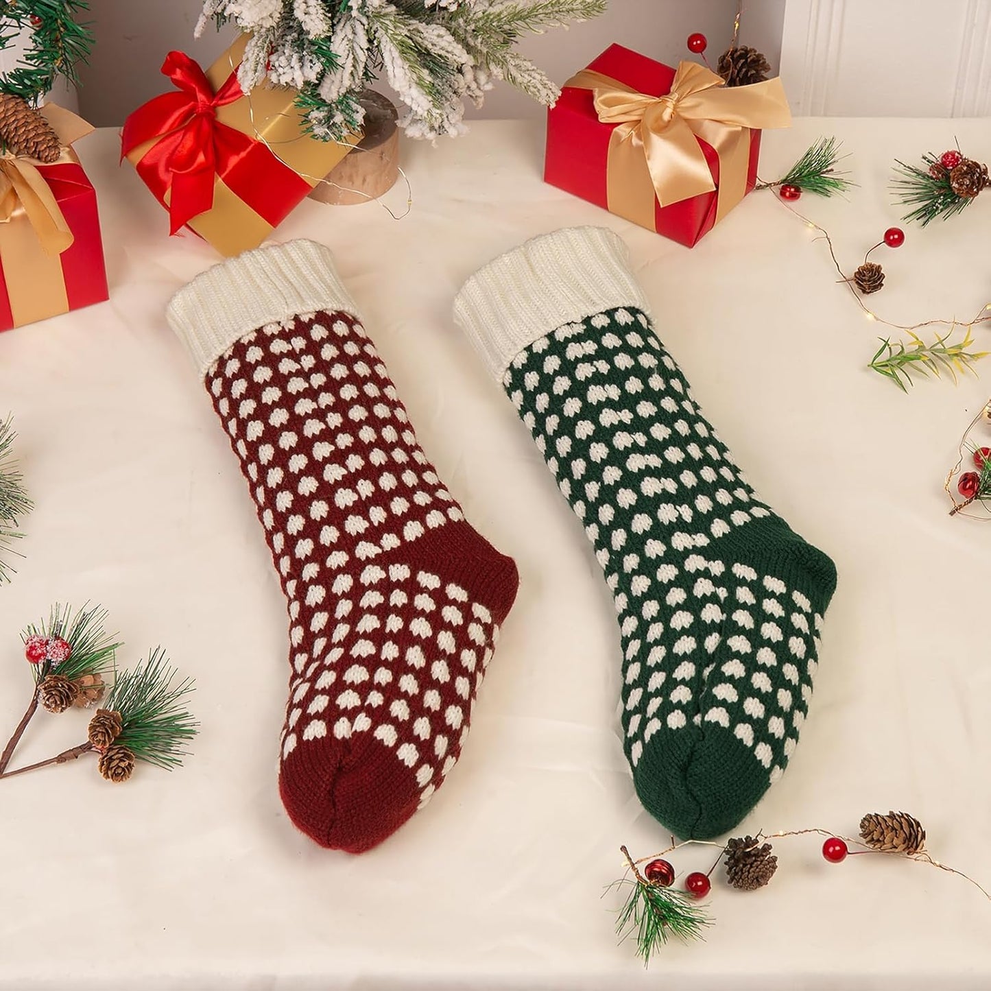 Guojanfon Christmas Stockings,Big Size 18-Inch Extra Long Hand-Knitted Red/Green Reindeer Snowflakes Xmas Character for Family Holiday Season Decor (Red&Red, 18 Inch)