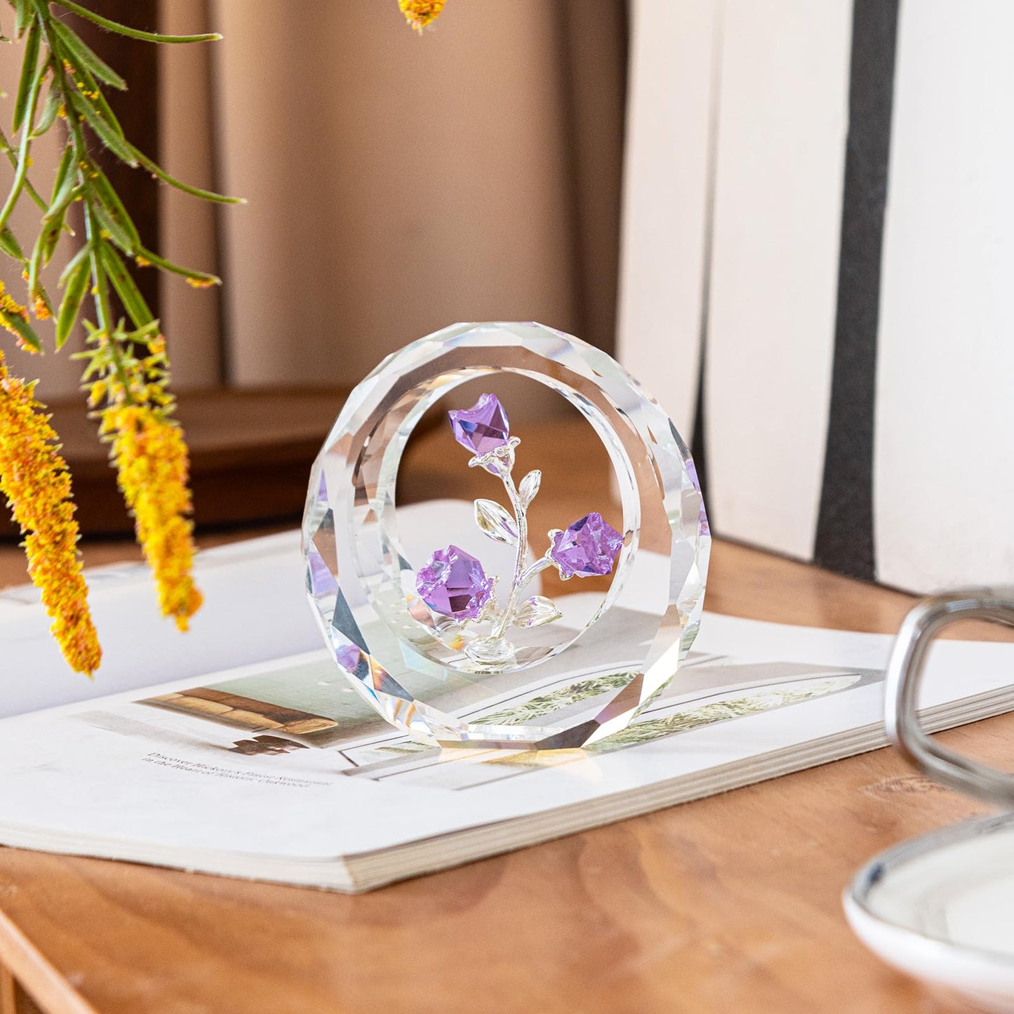Crystal Tulips Rose Collectible Figurines,Glass flowers in glass dome,Tiny crystal glass rose figurines, Glass roses with stems with stems, Crystal deco for home, Holiday Creative Gift (Purple)