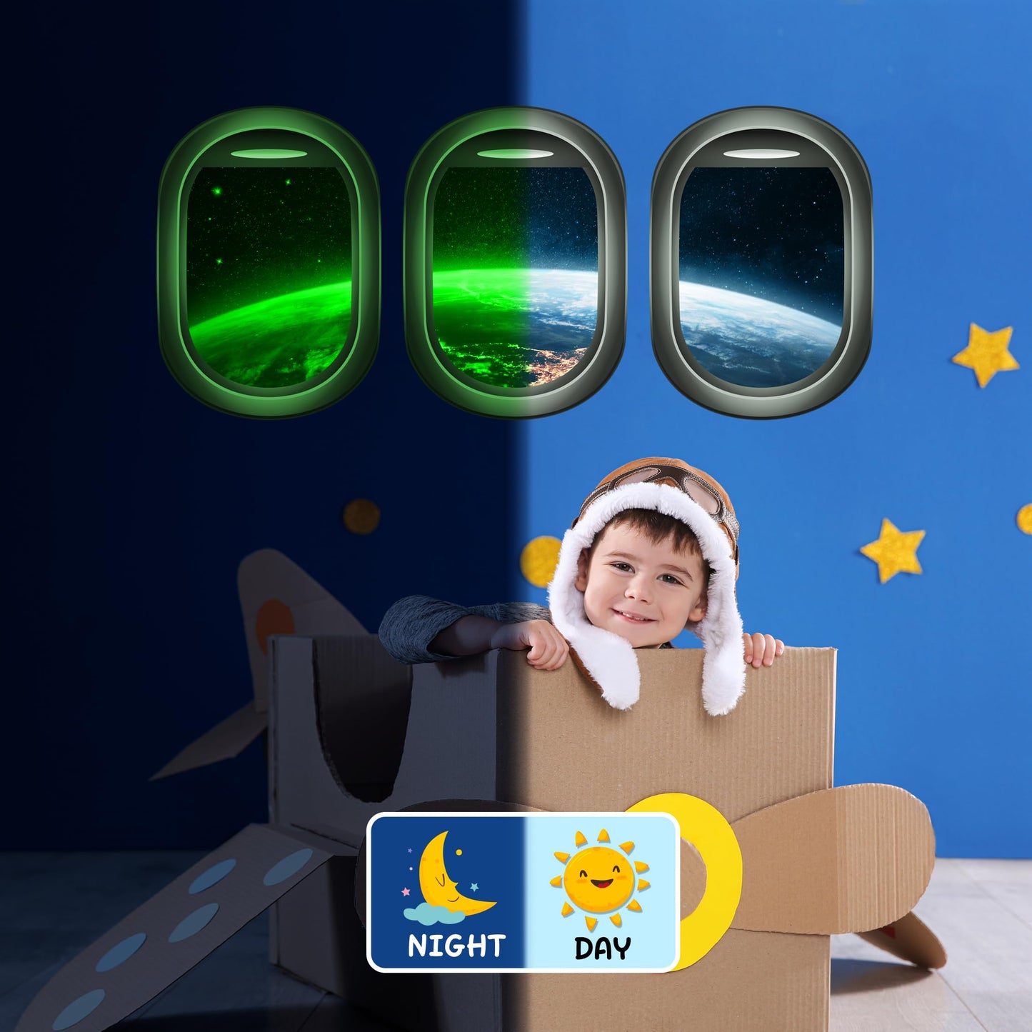 Glow in The Dark 3D Space Wall Decals, Set of 3 Galaxy Window Stickers for Wall, Space Themed Room Decor for Kids Boys (Green)