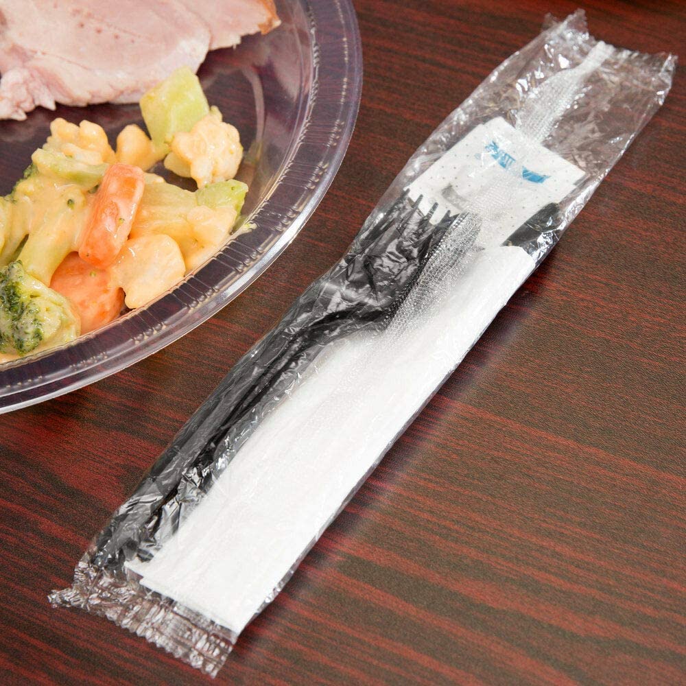 450 Plastic Cutlery Packets - Knife Fork Spoon Napkin Salt Pepper Sets | Black Plastic Silverware Sets Individually Wrapped Cutlery Kits, Bulk Utensil Cutlery Set Disposable To Go Silverware