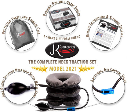 Pinched Nerve Neck Stretcher Cervical Traction Device for Home Pain Treatment | Inflatable Spinal Decompression Collar Unit Muscle Strain Injury Relief | Herniated Disc Problems Remedy Kit (Gray)