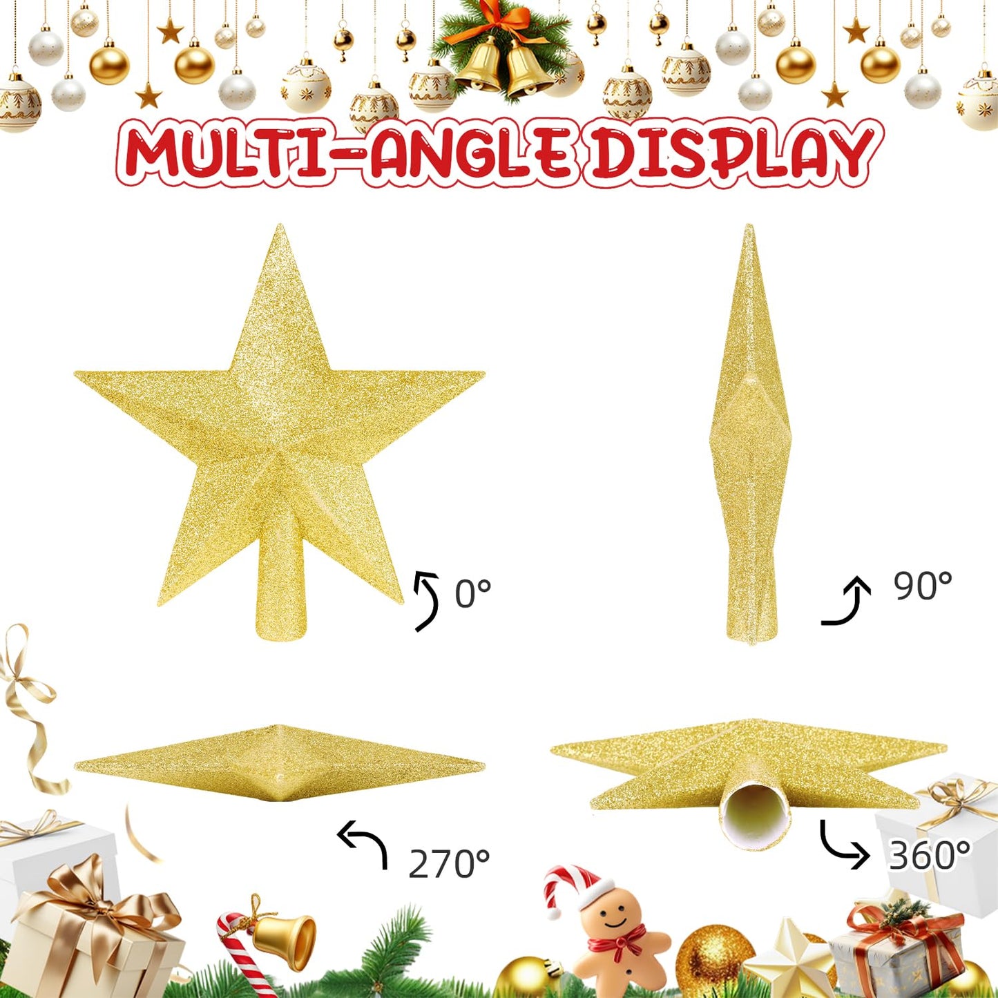 DERAYEE Christmas Tree Topper, 7.9 Inch Gold Christmas Tree Star Tree Topper Glitter Xmas Tree Top Star for Christmas Tree Decoration